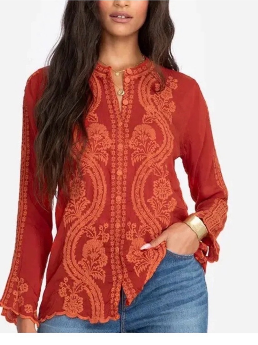 Johnny Was Midge button down size M in Cayenne (deep orange)